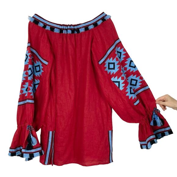 NWOT MARCH 11 Dress XS Tunic Aztec Embroidery Off Shoulder Long Sleeve Tassel - Picture 3 of 15